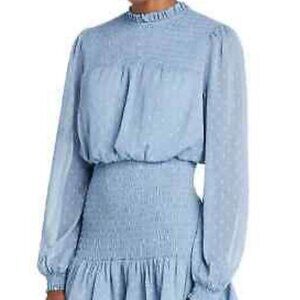AQUA: Light Blue, Smocked, Mock Neck, Tiered, Long Sleeve, Fit Flare Dress XS